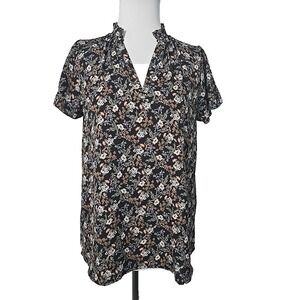 Fun2Fun Black Floral Chiffon V-neck Short Sleeve Blouse Small S